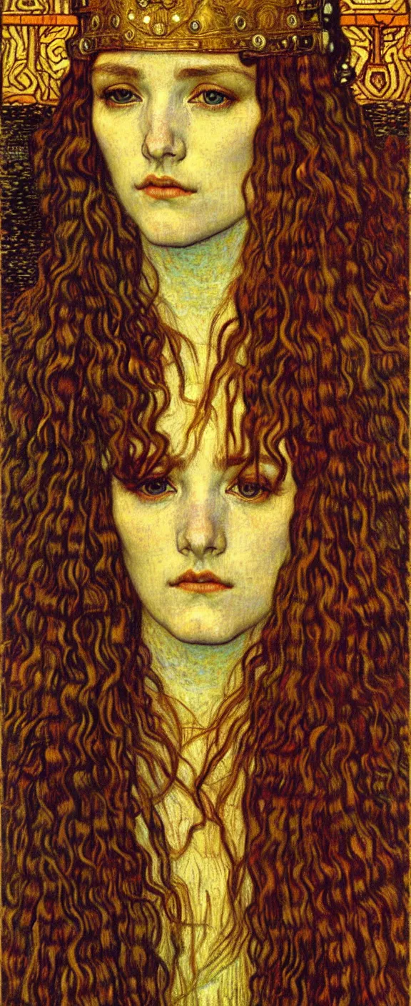 Image similar to detailed realistic beautiful young medieval queen face portrait by jean delville, gustav klimt and vincent van gogh, art nouveau, symbolist, visionary, gothic, pre - raphaelite, muted earthy colors, desaturated