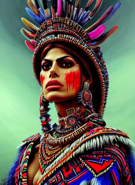 Image similar to portrait of eva mendes, hyper detailed ultra sharp aztec shaman warrior. trending on artstation, warpaint aesthetic, bloodwave, colorful, psychedelic, ornate, intricate, digital painting, concept art, smooth, sharp focus, illustration, art by artgerm and greg rutkowski and h. r. giger, 8 k