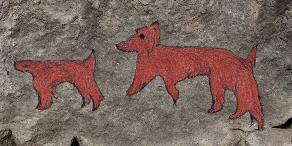 Image similar to A Yorkshire Terrier very roughly sketched on the wall of a cave, a petrogliph, stone art in red by Altamira Cave dwellers, stone art