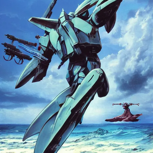 Image similar to shark gundam, amphibious combat mecha stepping onto a beach holding a scifi weapon by wayne barlowe, pascal blanche, gundam box art