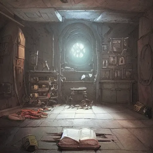 Image similar to detailed room in the sewer lair The room is a clean and delicate room over the bed there is a sword rack everythingis neat a stack of comics ,soft,light,bright,epic,awesome,digital art, by Simon beak and Greg rutkowski