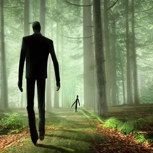 Image similar to slenderman and sirenhead walking through the forest, ultra realistic render,