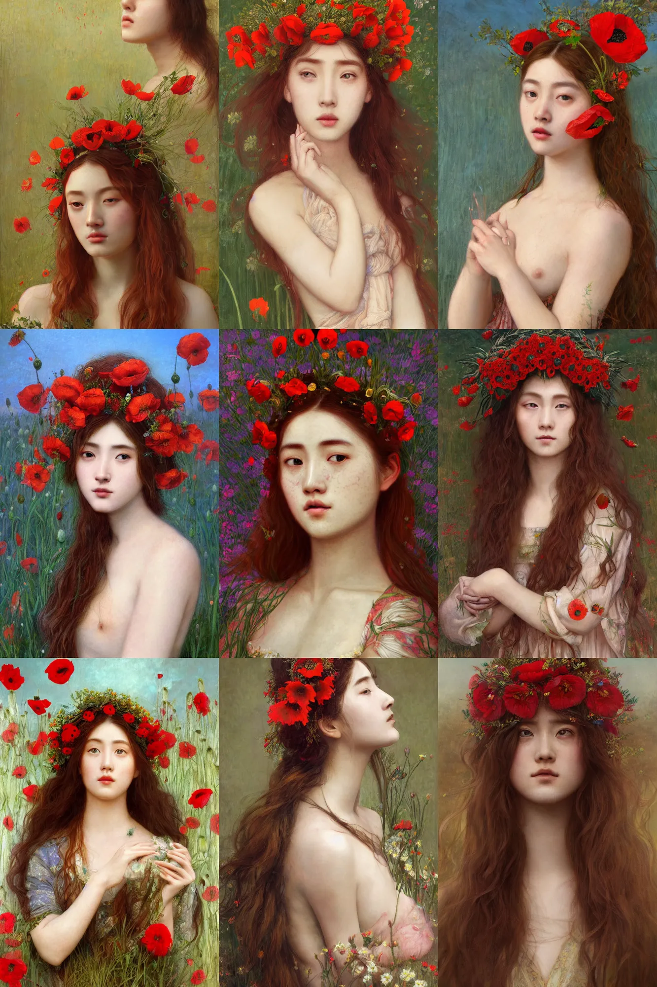 Prompt: Pre-raphaelite portrait painting of a beautiful asian girl with freckles, wearing a flower headpiece made of red poppies, long flowy hair, surrounded by big flowers, porcelain skin, cinematic lighting, photo realistic, highly detailed, maya, digital painting, artstation, concept art, sharp focus, illustration, by Mucha