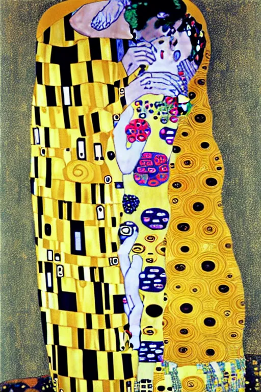 Prompt: gustav klimt the kiss with kissed Nicolas Cage face