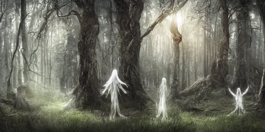 Prompt: ghost's of the forest and wood spirits in the trees with will o the wisp, photorealistic, wlop, 4 k resolution h 7 6 8