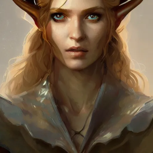 Image similar to A head-on detailed oil portrait of a distinguished elf woman with curly copper horns, long blonde hairs and bright irises, by greg rutkowski, trending on artstation, dungeon and dragons art