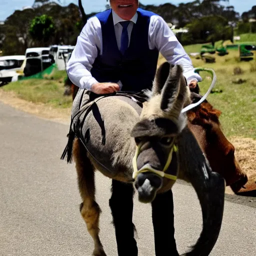 Prompt: scott morrison riding on a donkey