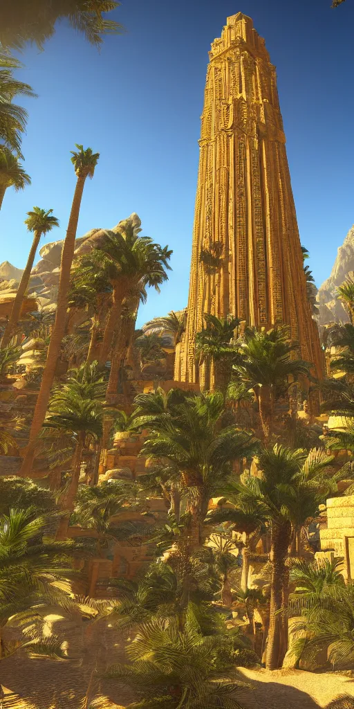 Image similar to eye level view of a golden detailed babylon tower, fantasy, golden hour, photorealism, arid mountains and palm forest, unreal engine