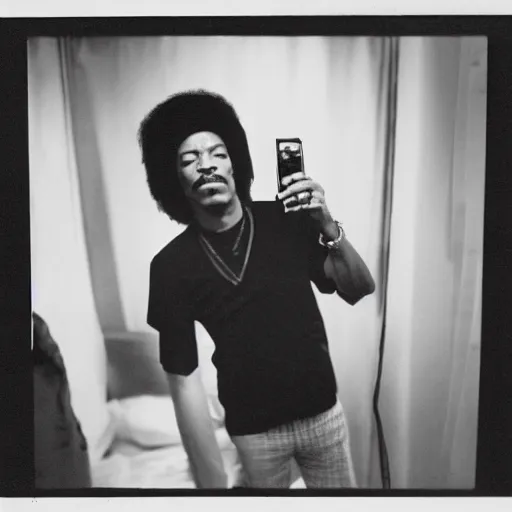 Image similar to film photo of jimmy hendrix taking a self portrait in a hotel room mirror, old photo, disposable camera