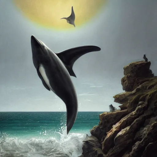 Image similar to a hyper realistic painting of the grim reaper sitting on of a dolphin jumping over a rainbow, by greg rutkowski and santiago caruso,