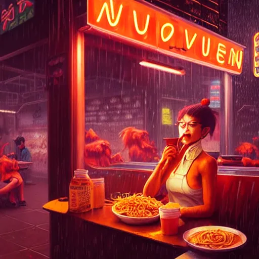 Image similar to illustration of an anthropomorphic vulpes vulpes fulva woman at a noodle stand eating ramen in the crowded street of a cyberpunk city, rain, harsh neon lighting, realistic, ultra detailed, by greg rutkowski, wlop, sakimichan, artgerm