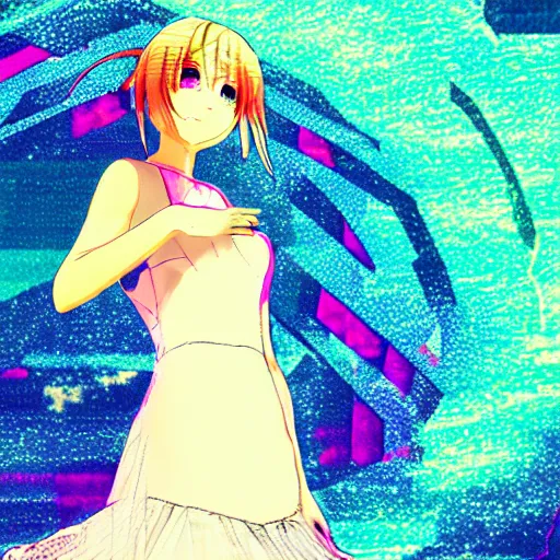 Prompt: anime, glitchy, glitch art, chromatic aberration, girl in white dress dancing, halo over her head, artstation