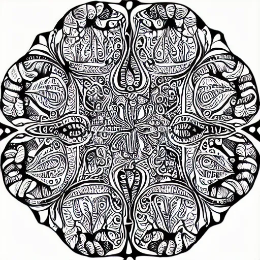 Image similar to a hyper detailed organic biomorphic black and white ink drawing of a super symmetrical mandala lizzie snow zen pattern zentangle henna hyper realism crazy detail