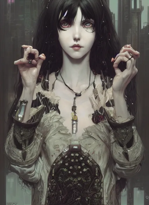 Image similar to portrait of beautiful young gothic maiden, cyberpunk, Warhammer, highly detailed, artstation, illustration, art by Gustav Klimt and Range Murata and Ilya Kuvshinov