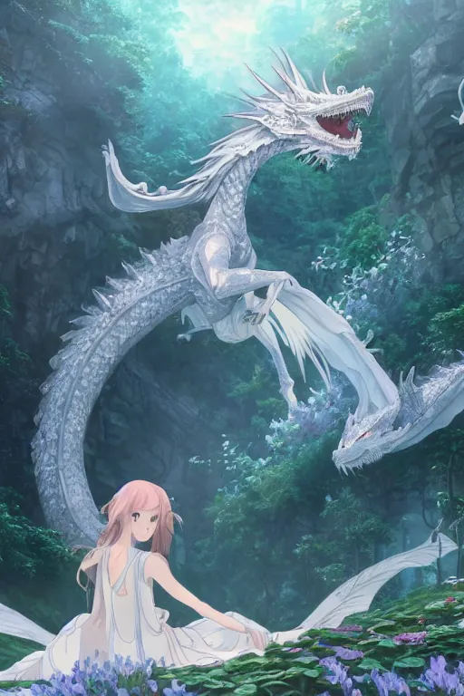 Image similar to the beautiful hyper detailed scene render that a lonely beautiful girl lies in the arms of a huge silver white dragon alone in fairyland surrounded by white clouds, finely detailed angelic face delicate features, style of studio ghibli, makoto shinkai, raphael lacoste, louis comfort tiffany, artgerm, james jean, ross tran, animation style, hd, ultra wide angle