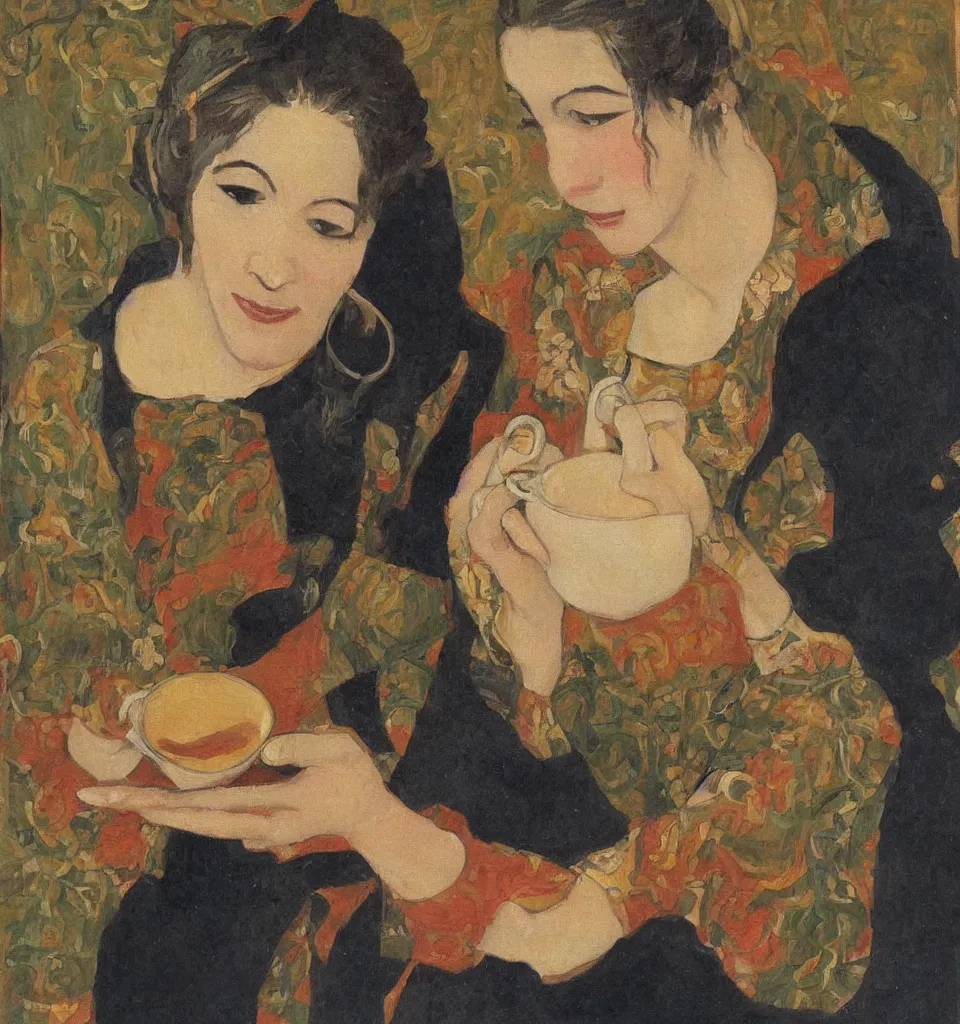 Image similar to rennaisance painting of a woman drinking tea, fine art