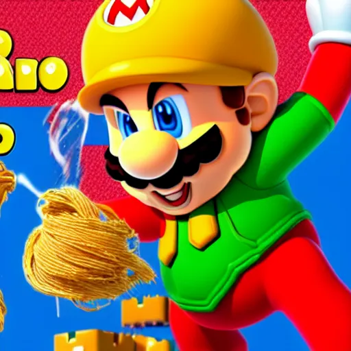 Prompt: super mario eating spaghetti. artwork by nintendo. high quality. 8 k resolution