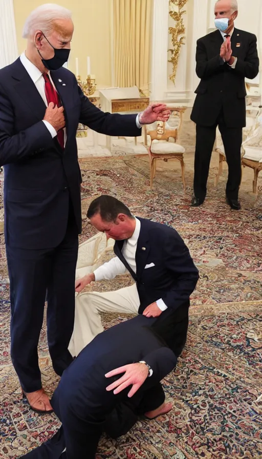 Image similar to photo biden on his knees asks for forgiveness