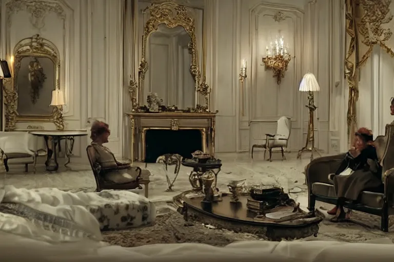 Prompt: VFX movie portrait of old woman applauding sleek butler robot in a decadent living room by Emmanuel Lubezki