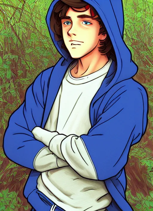 Image similar to teen boy with brown hair and big blue eyes, wearing a hoodie, sad, hiding under hood of hoodie, natural lighting, path traced, highly detailed, high quality, cartoon, digital painting, by don bluth and ross tran and studio ghibli and alphonse mucha