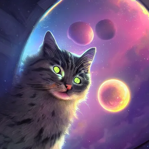 Image similar to cat in space, unreal engine, digital, artstation, detailed intricate illustration, heavenly atmosphere, digital art, overdetailed art, concept art, complementing colors, trending on artstation, cgstudio, the most beautiful image ever created, dramatic, subtle, details, award winning artwork, beautiful scenery