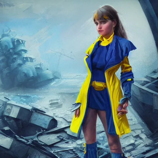 Image similar to ukrainian girl with blue and yellow clothes near big ruined warship, concept art, trending on artstation, highly detailed, intricate, sharp focus, digital art, 8 k