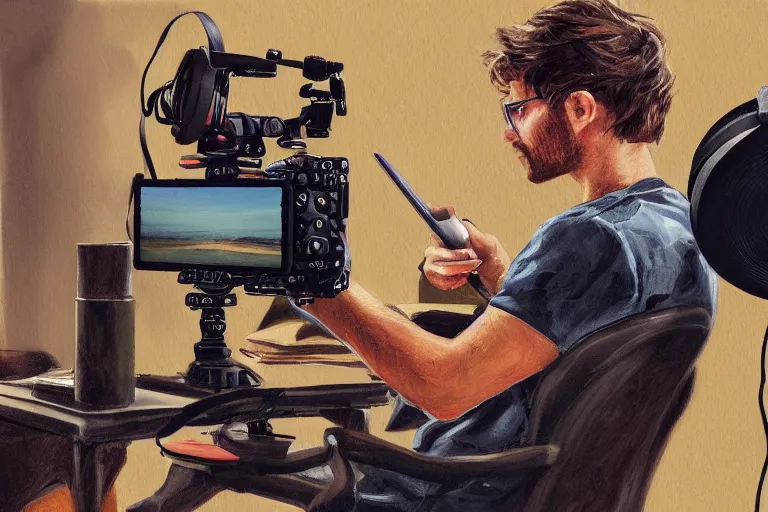 Prompt: a stunning illustration of a content creator recording a video with vlogging equipment, trending on artstation, oil on canvas, hd, 4 k