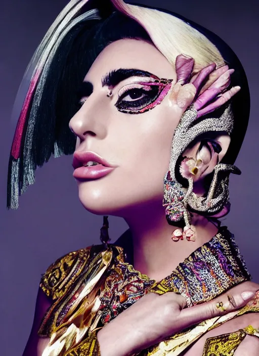 Image similar to lady gaga styled by nick knight posing in an indian setting , vogue magazine, Highly realistic. High resolution. Highly detailed. Dramatic. 8k.4k.