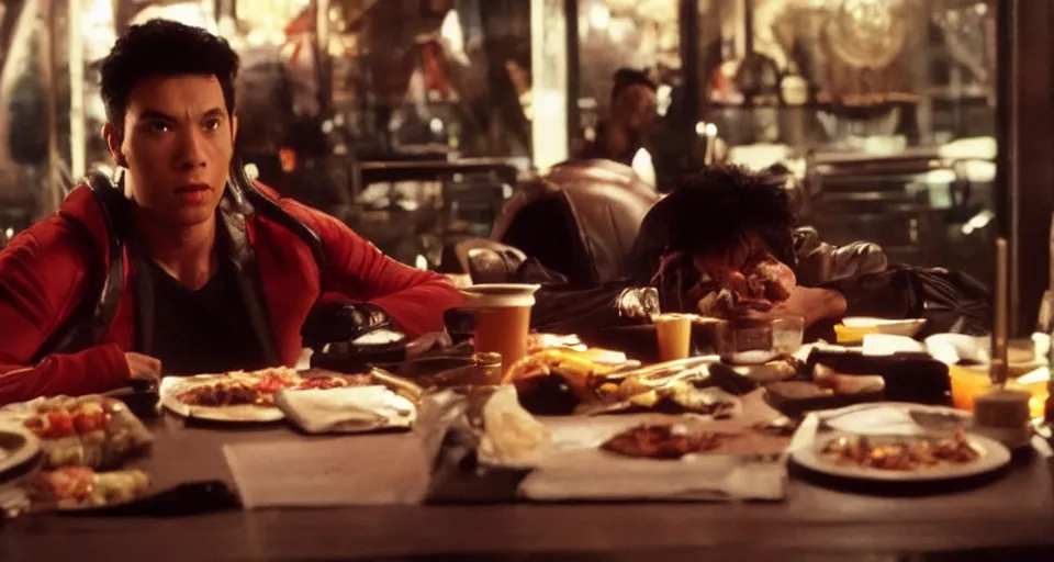 Prompt: Power Rangers film, a scene where A Power Ranger is eating only alone in a dark diner, he is tired and facing the table, Dark cinematic color tones.