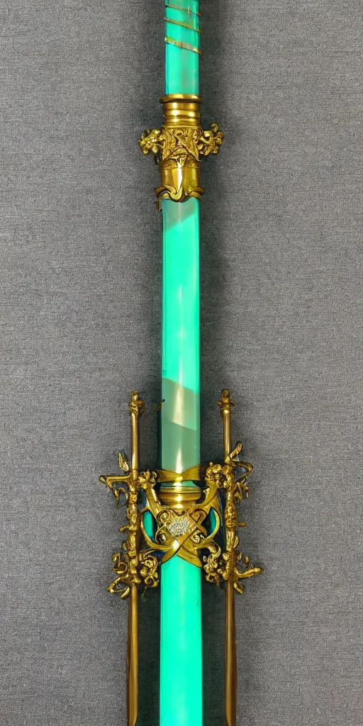 Image similar to photograph of a wide green and teal crystal sword with a big gold sword hilt