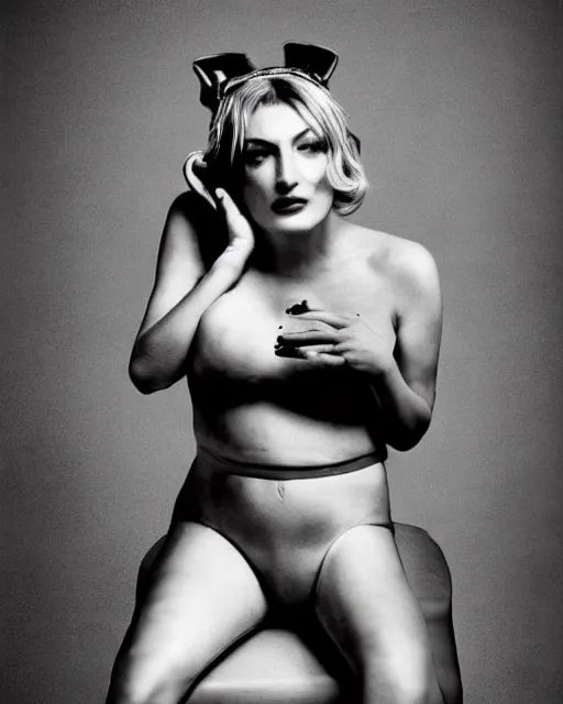 Image similar to anthropomorphic Hippo dressed as madonna ciccone, photograph in the style of Annie Leibovitz