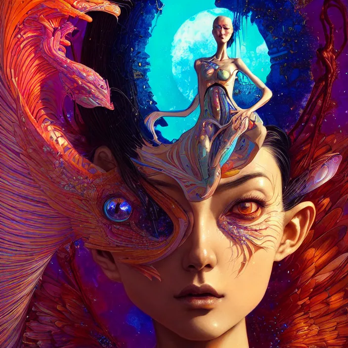 Prompt: ultra detailed stunning digital painting of an animatronic girl by Karol Bak, Moebius, beeple, hiroshi yoshida, Druillet, xsullo, colorful, front view, vivid colors, 8k, coherent, akira vibes, uplifting, magical composition, artstation, synthwave, 8k, coherent, artgerm, uplifting, unreal engine, magical composition, artstation