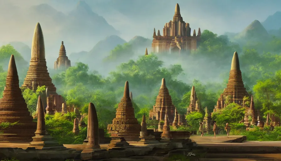 Image similar to ! dream matte painting of beautiful landscape of sukhothai, digital art trending on artstation, elegant, loin cloth, highly detailed, oil painting, artstation, concept art, matte, sharp focus, illustration, hearthstone, art by earl norem