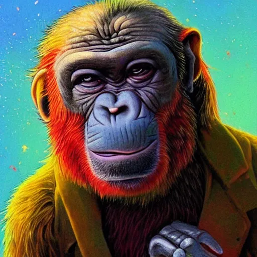 Prompt: elderly grandpa ape with a cane, colorful, digital art, fantasy, magic, trending on artstation, ultra detailed, professional illustration by basil gogos