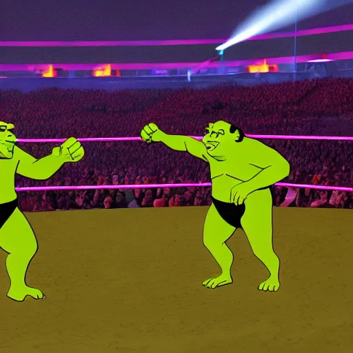 Image similar to shrek vs andre the giant at wrestlemania 8, dramatic lighting, 8k