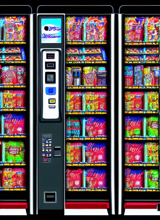 Prompt: hyper detailed digital painting of a cyberpunk vending machine, danguiz