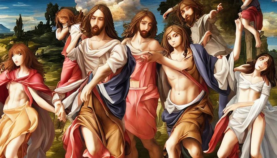 Prompt: jesus christ our lord being carried by cute lightly dressed anime girls, photorealistic, anime, mini skirt, long hair, renaissance painting, hyper real, detailed, wide angle shot, ultra detailed