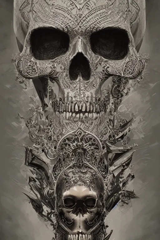 Image similar to concept art skull, the skull is decorated with art deco patterns, close - up portrait, powerfull, intricate, elegant, volumetric lighting, scenery, digital painting, highly detailed, artstation, sharp focus, illustration, concept art, ruan jia, steve mccurry