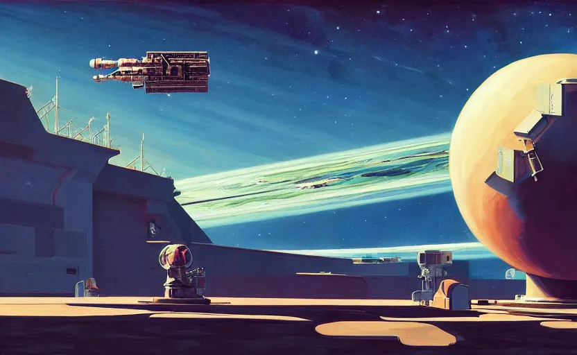 Prompt: A space station on the edge of the space, very coherent, painted by Edward Hopper, Wayne Barlowe, painted by James Gilleard, airbrush, art by JamesJean