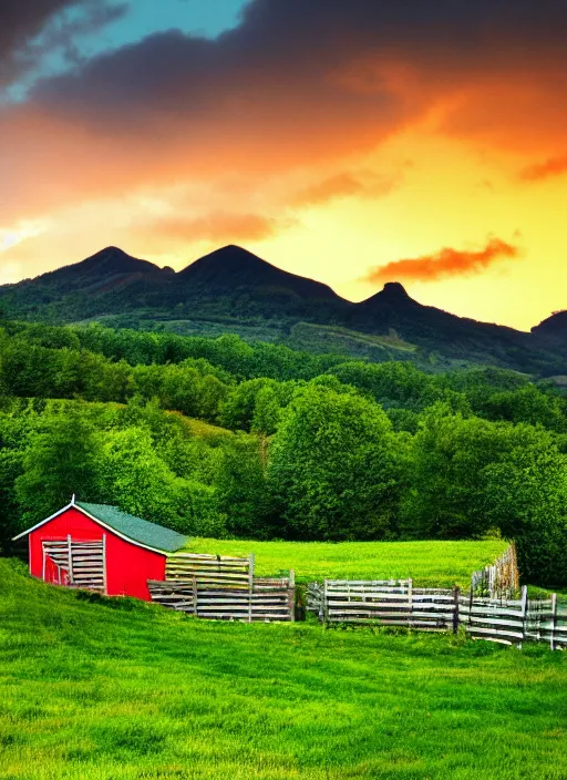 Prompt: red mountain ash, green fence, wooden house, village, clouds in the sky, sunset, summer