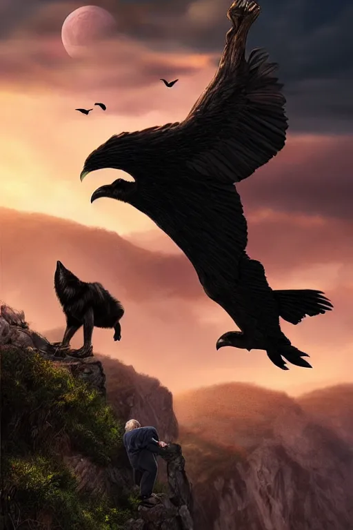 Image similar to elderly man falling off a cliff, tragic moment, 8 k, art by artgerm, award winning photo, sunset in background, wolfs growling on cliff edge, ravens in the sky, highly - detailed