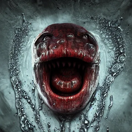 Image similar to realistic, wet humanoid alien, long textured tongue, dripping acid saliva, smoke, mouth in mouth, 8 alien eyes, metallic fangs, thin red veins, grey snake scale skin, cinematic light shadows, slimy reflections, crawling in a sewer pipe, flashlight lighting, insanely detailed