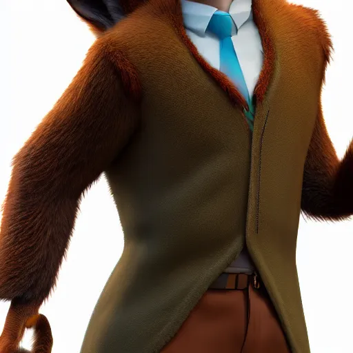 Image similar to 3 d render, portrait, anthropomorphic fox, male, in a brown leather maxi jacket, in the style of zootopia, closeup