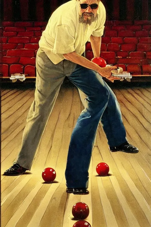 Image similar to The Dude from the movie The big Lebowski playing bowling painted by Norman Rockwell