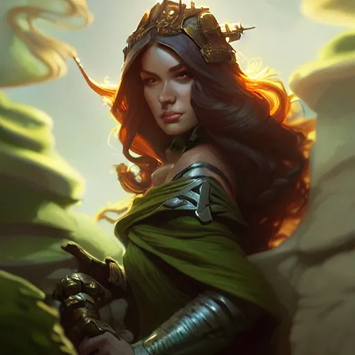 Image similar to rogue, female, wide angle, forest, D&D, fantasy, intricate, elegant, highly detailed, digital painting, artstation, octane render, concept art, matte, sharp focus, illustration, hearthstone, art by Artgerm and Greg Rutkowski and Alphonse Mucha