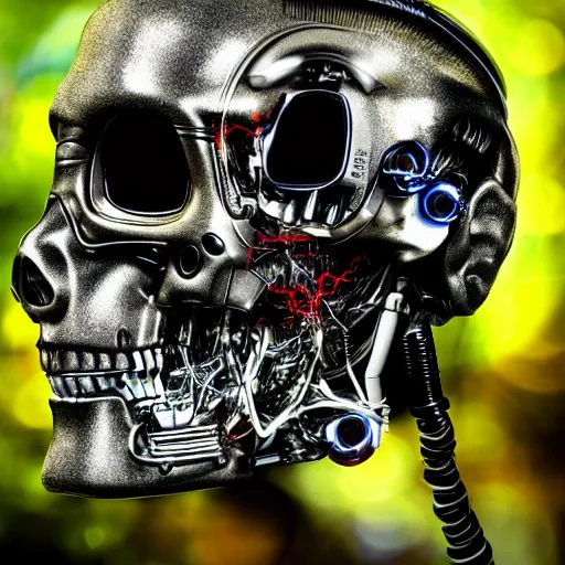 Image similar to extremely detailed portrait of a terminator's head, packed with cybernetics and and borg enhancements and has lit optic fibers inside. In a forest with bokeh. No plating.