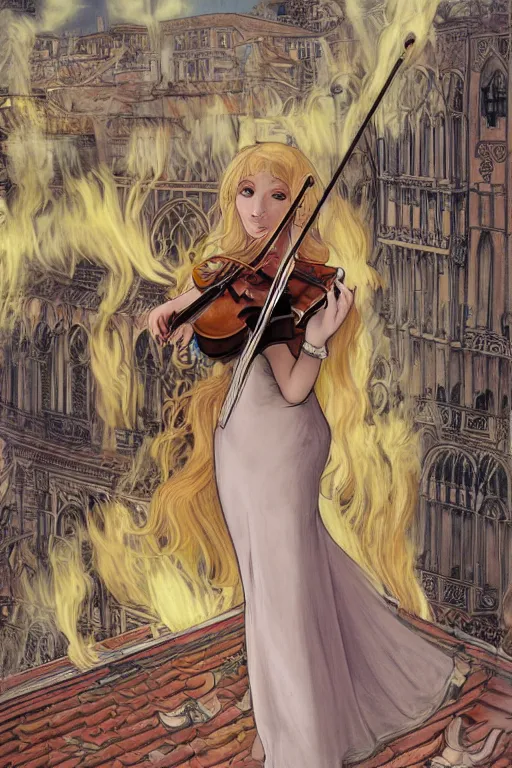 Image similar to beautiful blonde girl, expressively playing the violin, in a venetian outfit, illustration, manga, on the roof of a burning building, highly detailed, artstation, illustration, jurgens, alfonse mucha, vatican style, canon eos r 3