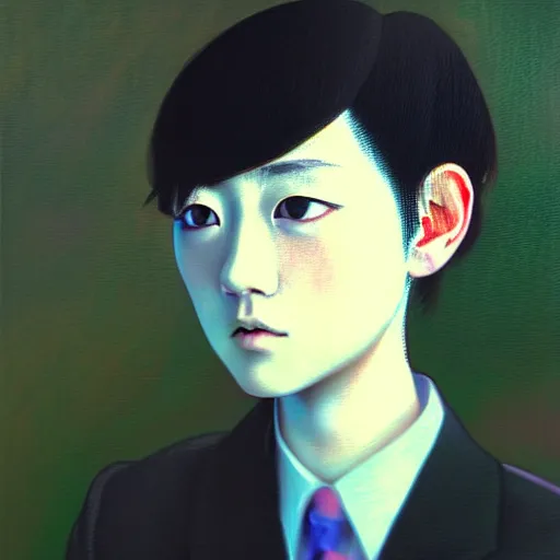 Image similar to yoshitaka amano blurred and dreamy realistic three quarter angle portrait of a young woman with short hair and black eyes wearing office suit with tie, junji ito abstract patterns in the background, satoshi kon anime, noisy film grain effect, highly detailed, renaissance oil painting, weird portrait angle, blurred lost edges