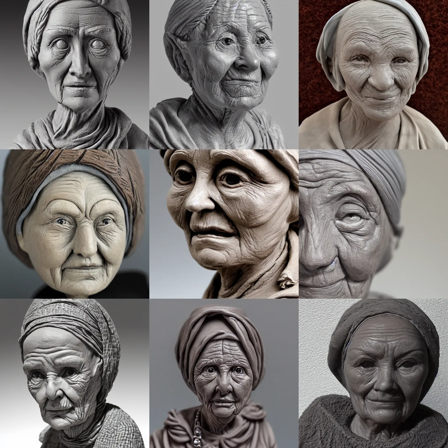 Prompt: a highly detailed beautiful portrait of a old woman sculpted in grey laguna clay em - 2 1 0 clay.