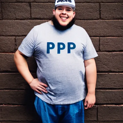 Prompt: obese young man with a t-shirt and cap with the letter P